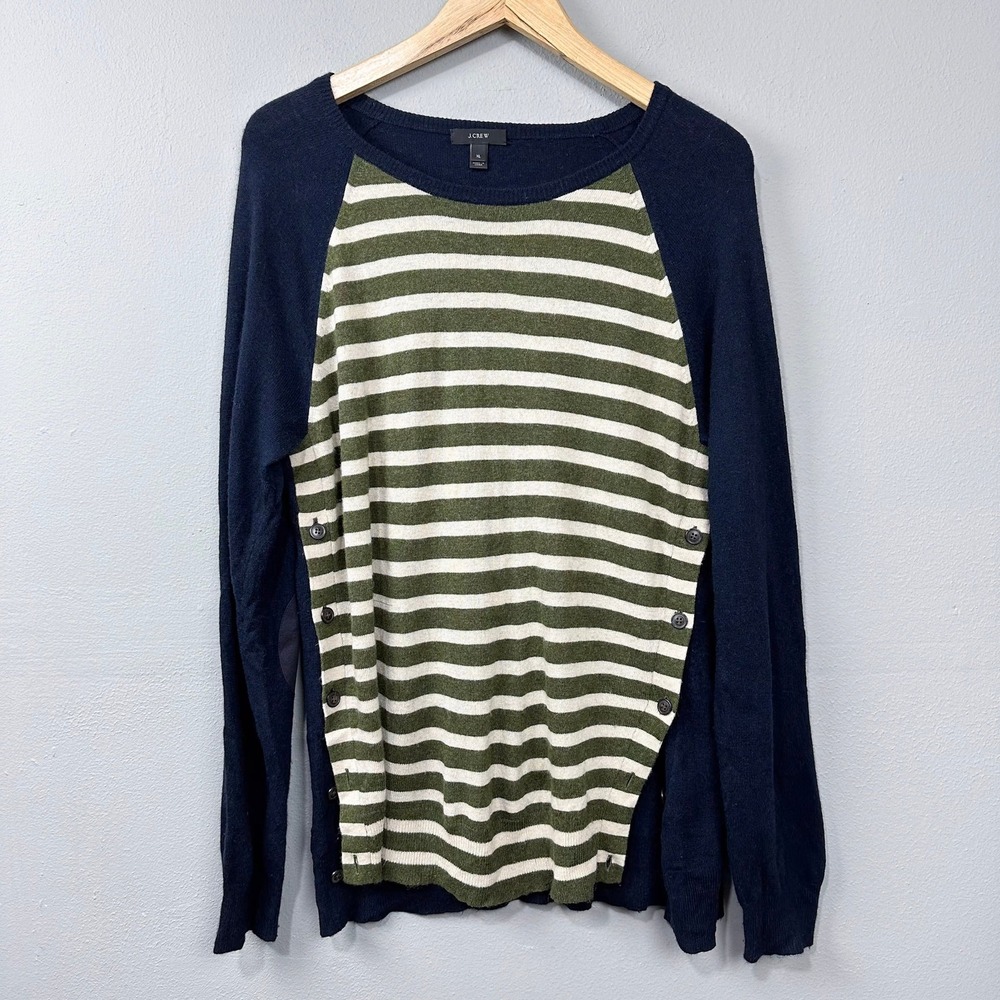 J.Crew Sweater Size XL Stripe Wool Rabbit Hair Blend Elbow Patch Preppy Academia